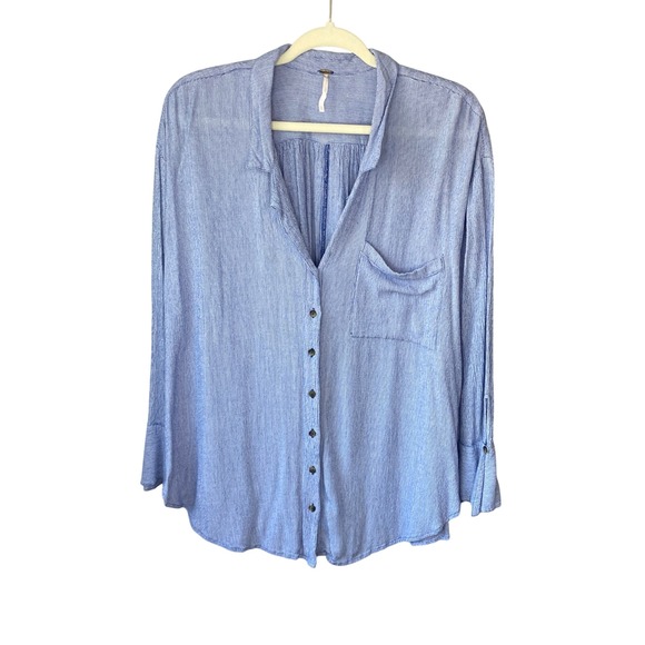 Free People Tops - Free People Blue Pinstripe Textured Button Down Shirt Oversized M